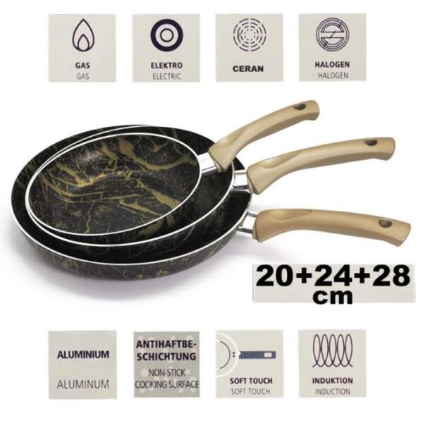 Afbeelding van Koekenpannenset - Koekenpannen Ø20, 24, 28cm - Eco Friendly Pannenset - Koekenpan - Goud / Zwart /