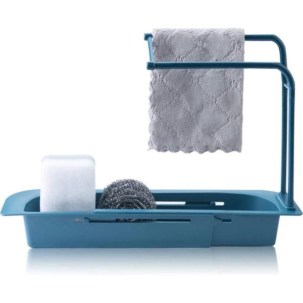 Afbeelding van Wasbak Rek - Vaatdoekhouder Gootsteen Organizer - Blauw - Uitschuifbaar 36 tot 50 cm - Kunststof - Afwas