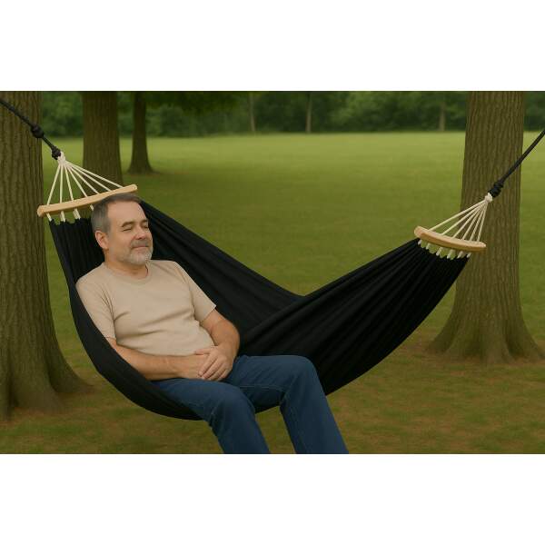 Afbeelding van HSXL Dubbele Hangmat Zwart met Spreidstok en Touwen - 1 of 2 Persoons - Lig Oppervlak 190x150cm - Lengte
