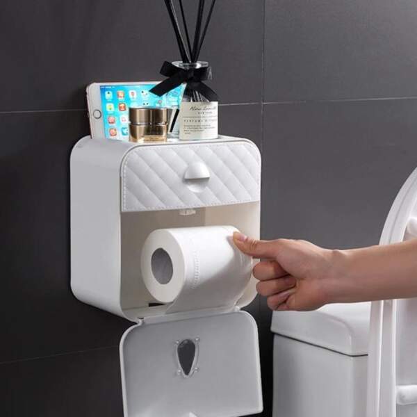 Afbeelding van Bewello® - WC Rolhouder - Toiletrolhouder - Zelfklevend WC Kastje - Wit met Grijs - 205 x 125 x 220 mm -