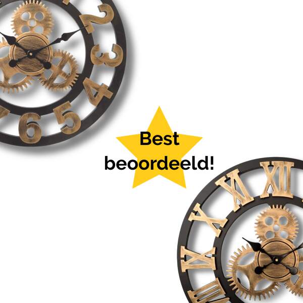 Afbeelding van HSXL - 60cm Grote Stille Wandklok Landelijk en Industrieel uit Zwart met Goud Hout - Groot - 60 cm - Houten