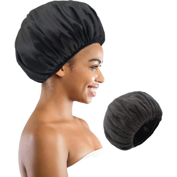 Afbeelding van 3 in 1 Douchemuts Dames - Haarhanddoek Microvezel, Slaapmuts Satijn en Douchemuts in 1 - Hoofdhanddoek