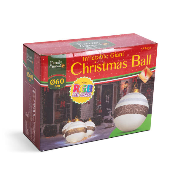 Afbeelding van Kerstverlichting Buiten op Batterijen - Opblaasbare Reuze Kerstbal Verlicht 60 cm - Wit/Bruin - RGB kleuren +
