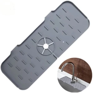 Afbeelding van HSXL - Kraanmat Grijs - Siliconen - 36.5 x 14 cm - Vaatwasbestendig - Streepjes patroon - Afdruipmat voor
