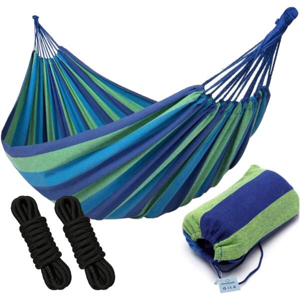 Afbeelding van HSXL Dubbele Hangmat Blauw met Touwen - 1 of 2 Persoons - Lig Oppervlak 190x150cm - Lengte 260cm - ffa3 c05a