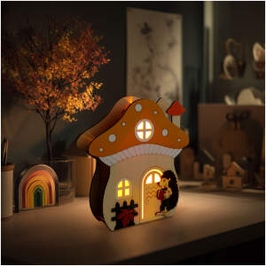 Afbeelding van Verlichte decoratie - paddenstoelenhuisje met egel - 15 x 16 x 5 cm - van hout 1 Stuks [59012A] - 01 59012A