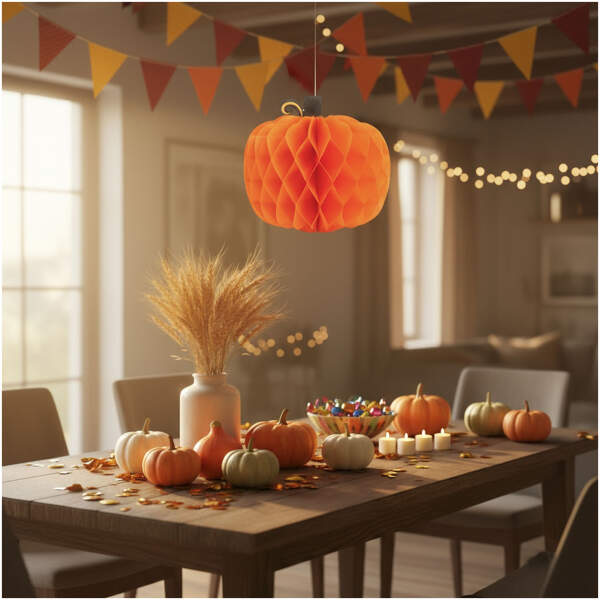 Afbeelding van Herfstdecoratie - lantaarn pompoen - papier - 30 cm 1 Stuks [59017] - 01 59017 web