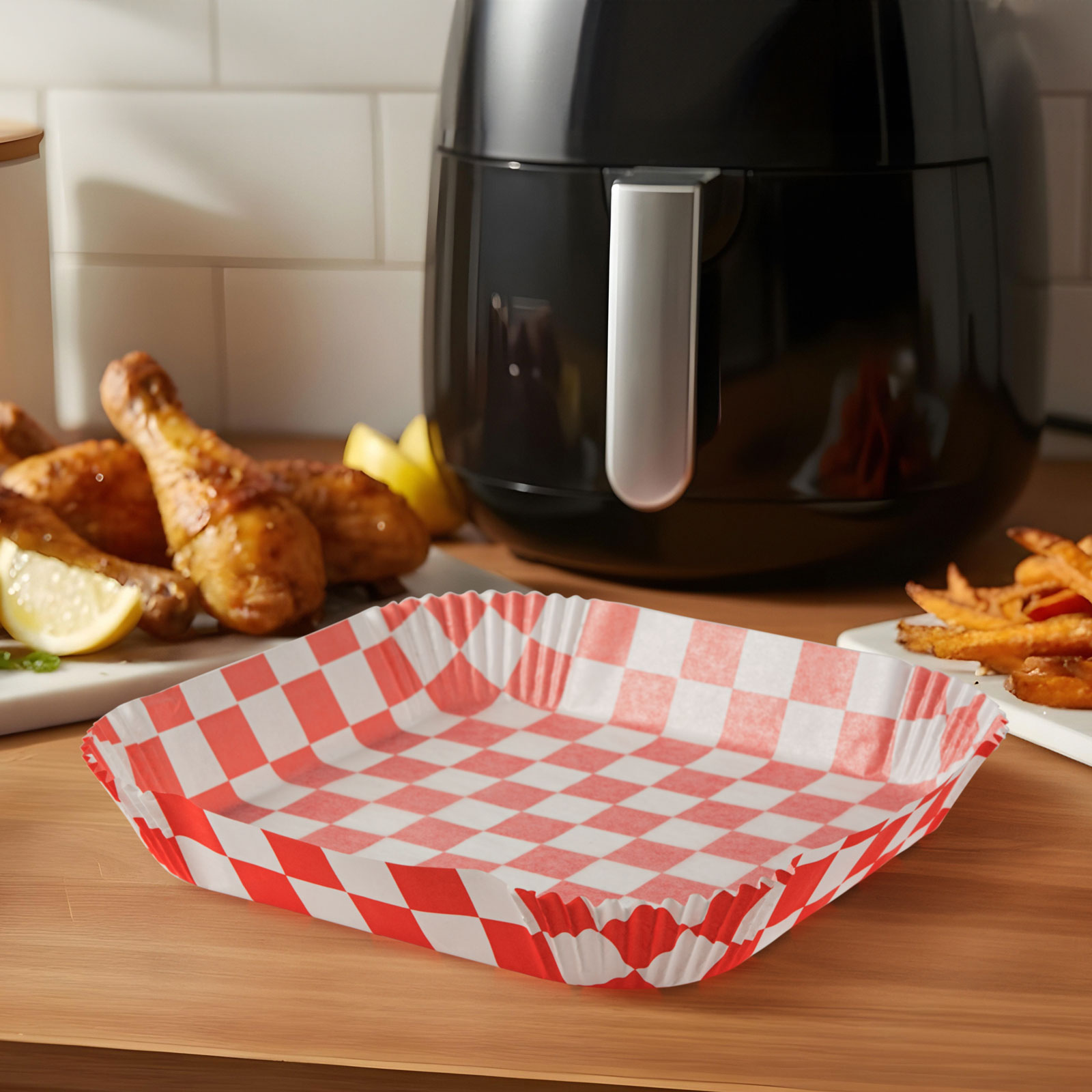 Afbeelding van Bakpapier voor de airfryer - voor olievrij koken - geruit, vierkant - 23 cm - 50 stuks / pak 1 Stuks