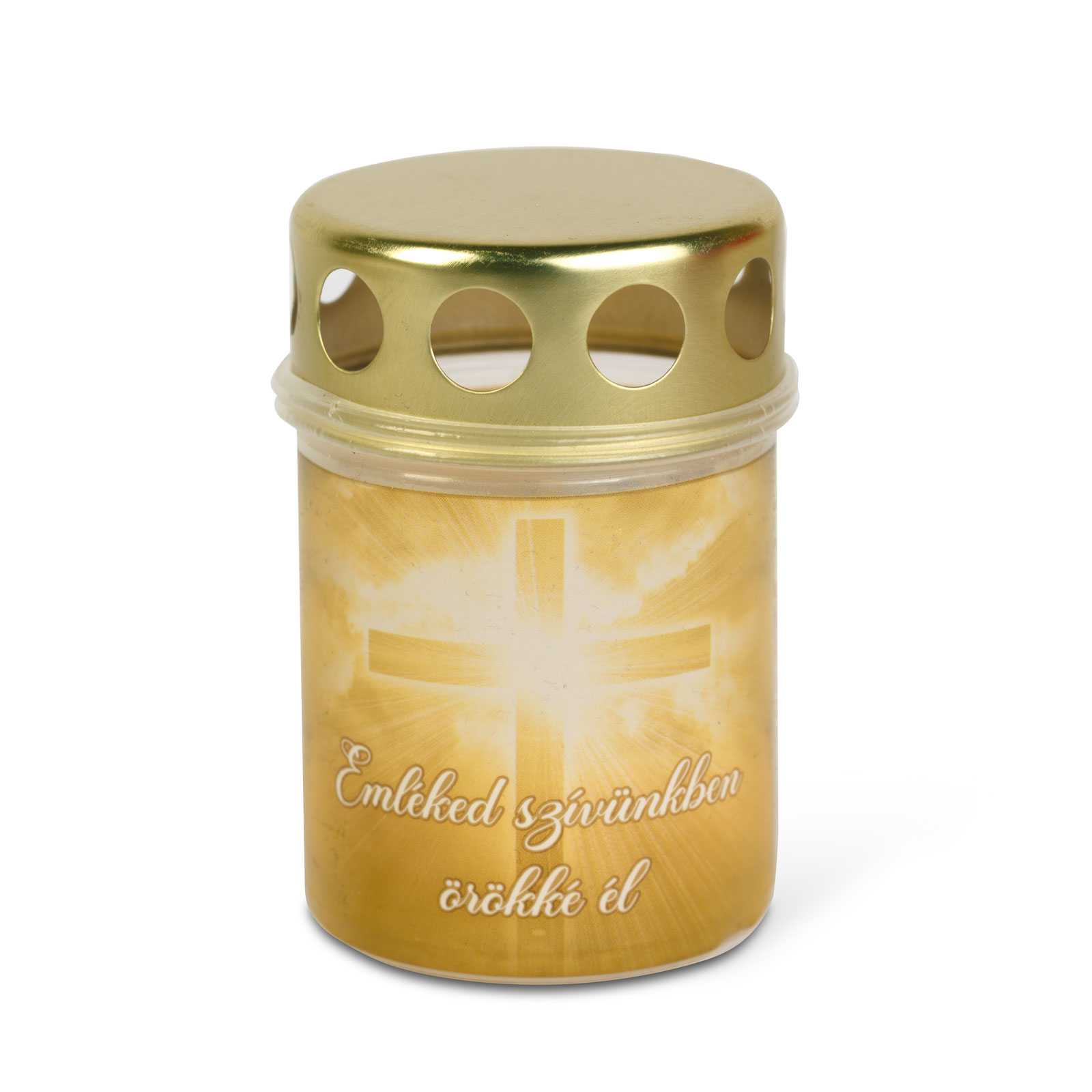 Afbeelding van Kunststof votief met kruis, metalen deksel - "Uw herinnering leeft voor altijd in onze harten" -