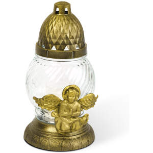 Afbeelding van Glazen waxinelichthouder met engel en kunststof dop, glaskleur: wit, dopkleur: zwart antiek goud - 20 cm 6