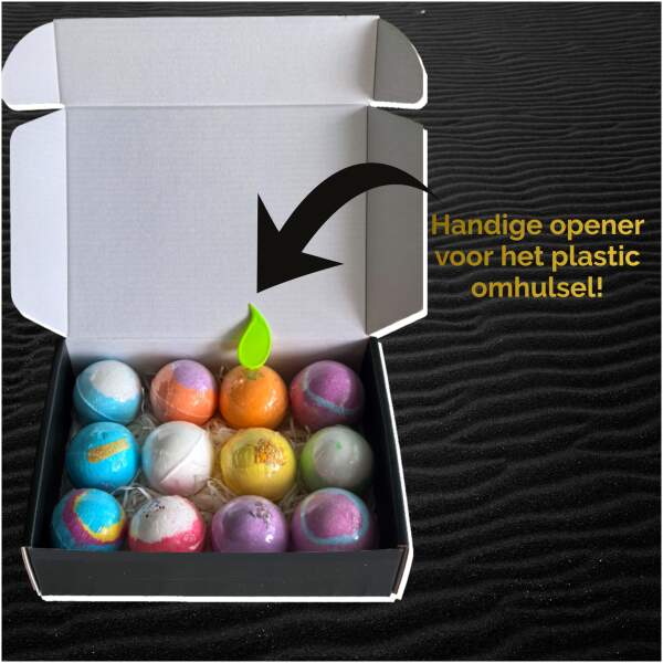 Afbeelding van 12x Bruisballen Bad + Badbom Opener Cadeauset (Badbommen/Bath Bombs) – 12 Stuks – Badballen Handgemaakt,