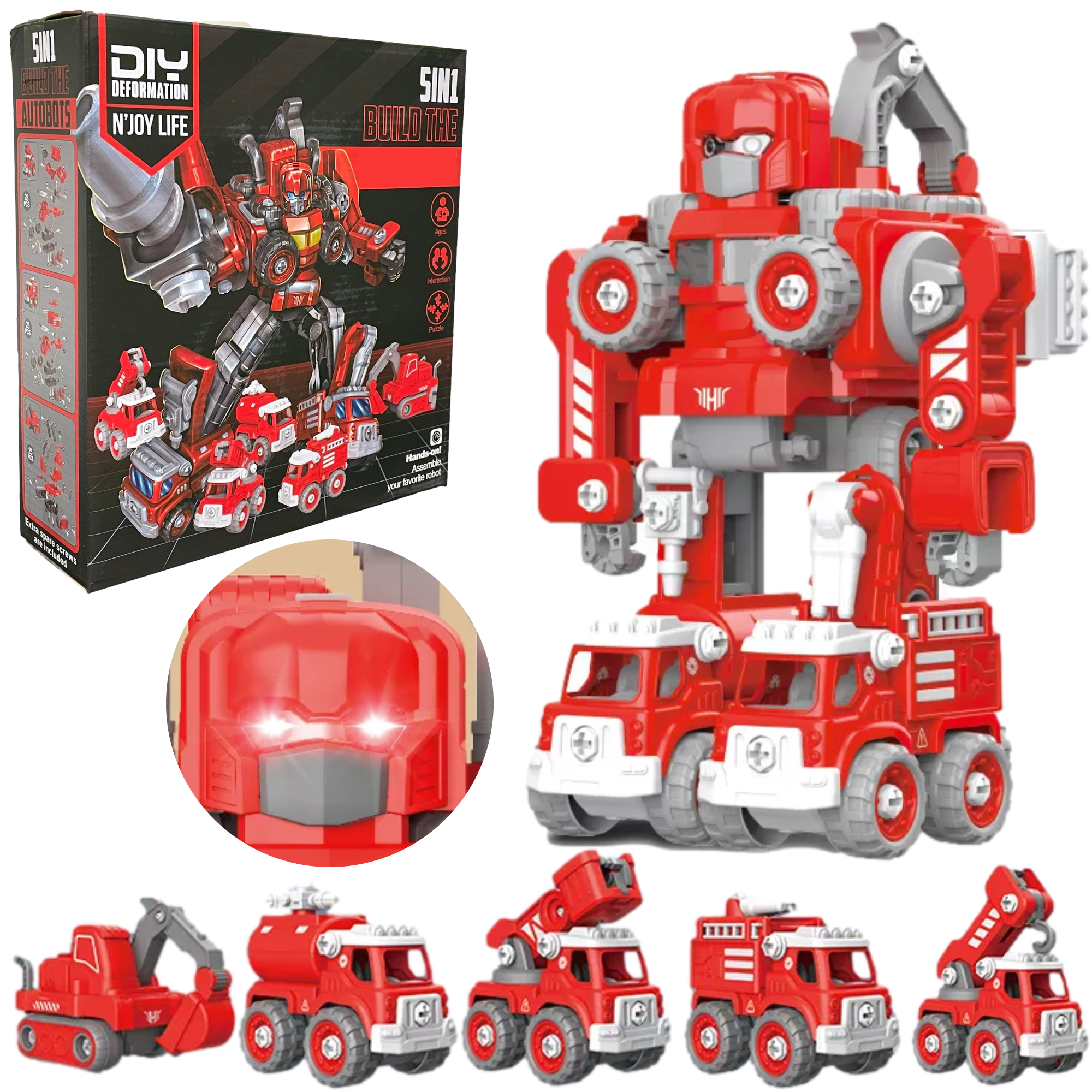 Afbeelding van N'JOY Life - Robot speelgoed - Rood 5 in 1 - Robots - Politie - Brandweerauto - Bouwpakket -