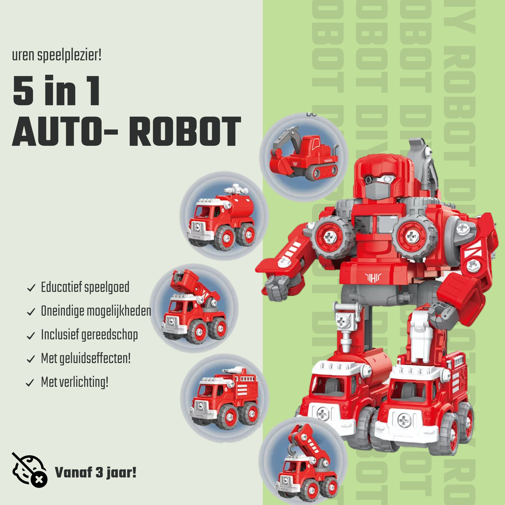 Afbeelding van N'JOY Life - Robot speelgoed - Rood 5 in 1 - Robots - Politie - Brandweerauto - Bouwpakket -