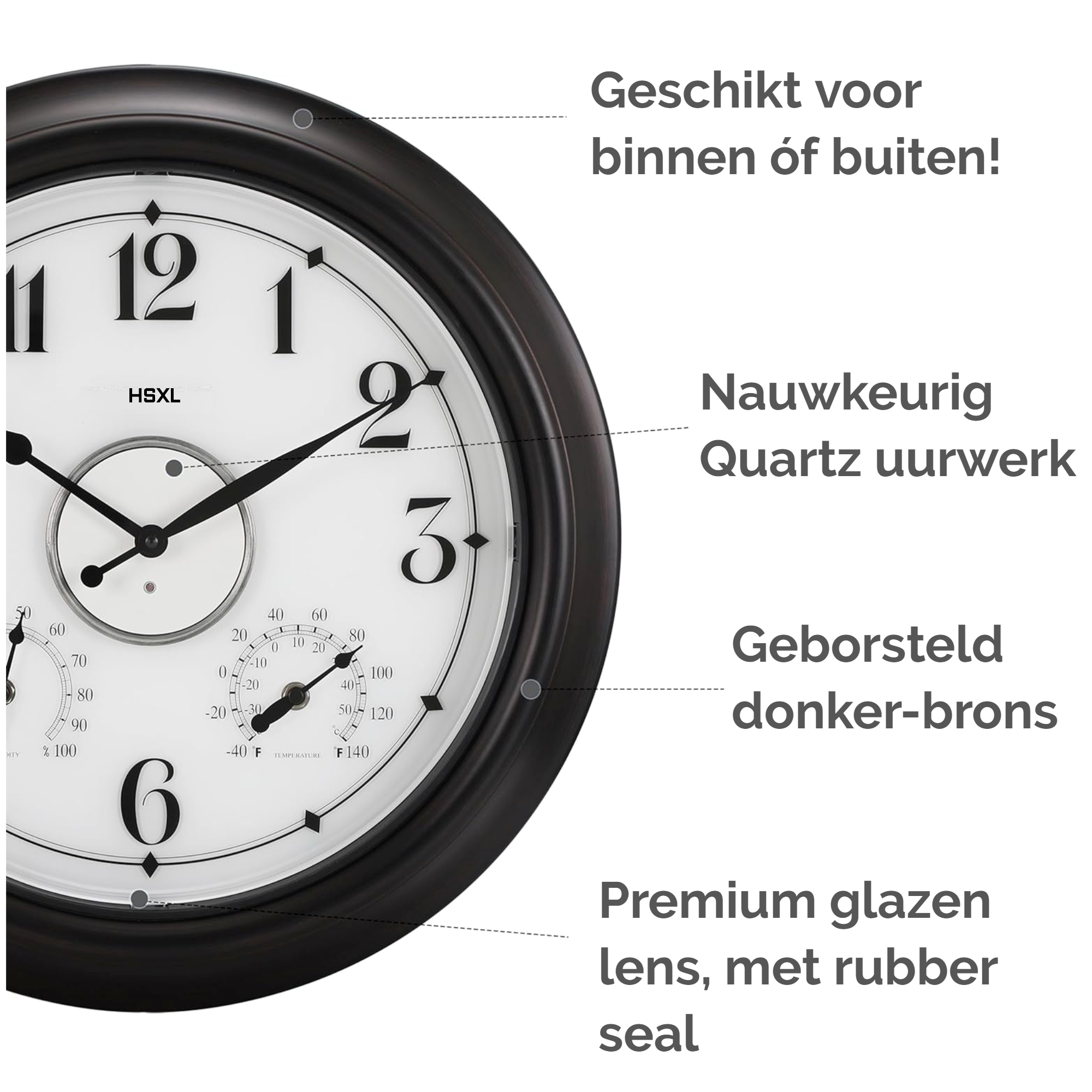 Afbeelding van HSXL - Verlichte Quartz Wandklok 45 cm - Binnen óf Buitenklok - Zwarte Lichtgevende Industriële LED Klok -