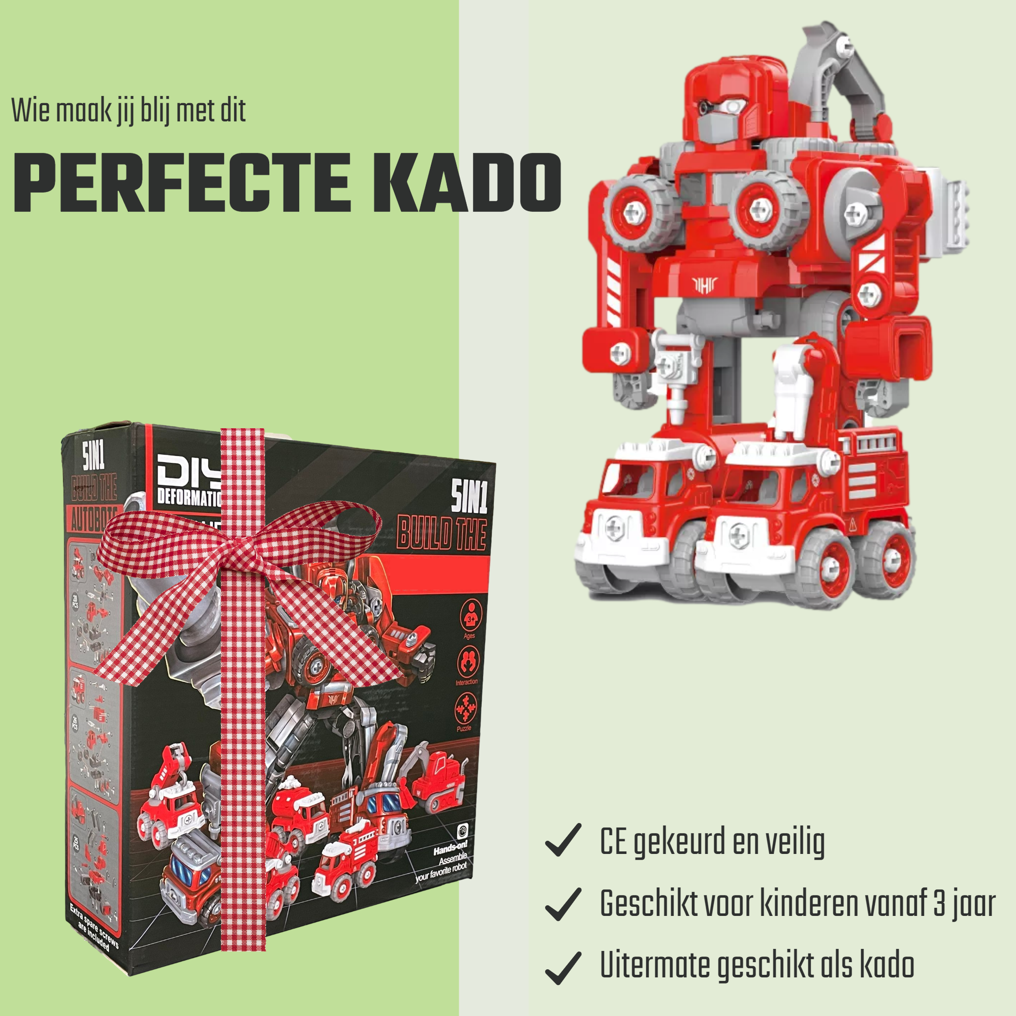 Afbeelding van N'JOY Life - Robot speelgoed - Rood 5 in 1 - Robots - Politie - Brandweerauto - Bouwpakket -