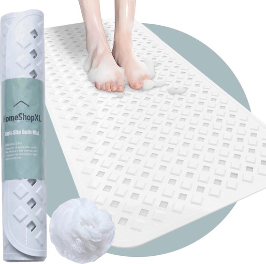 Afbeelding van HSXL - Antislipmat - 88x40CM - Incl. Netspons - Antislip Douchemat / Badmat Wit met Zuignappen – Mat voor