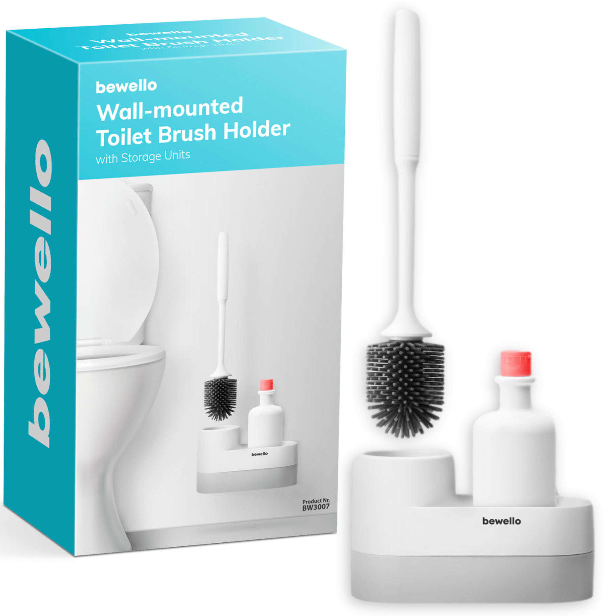 Afbeelding van Bewello - Luxe WC Borstel met Houder Hangend of Vrijstaand - Wit - met Plek voor Schoonmaakmiddel - Luxe