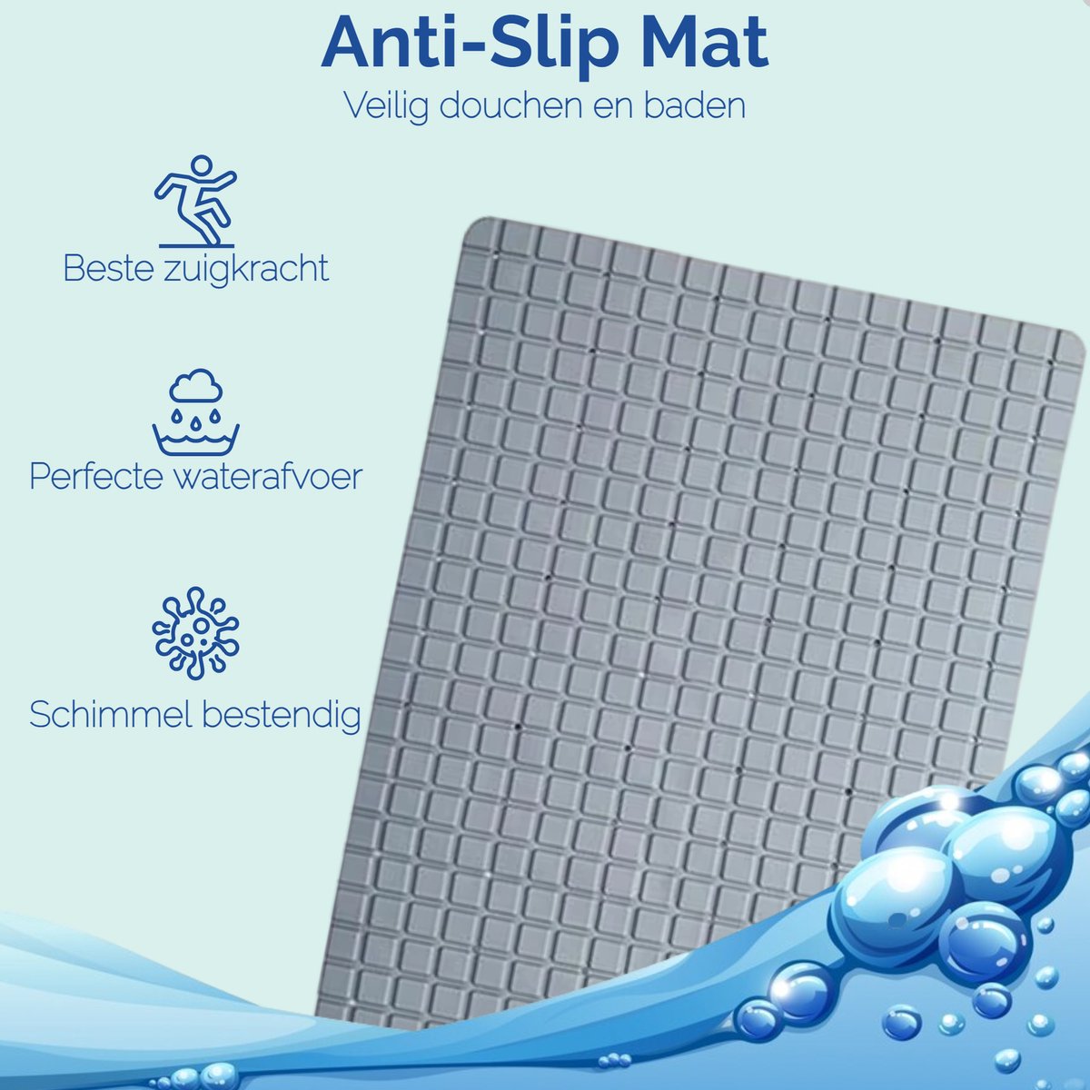 Afbeelding van HSXL - Antislipmat - 70x40CM - Incl. Netspons - Antislip Douchemat / Badmat Grijs met Zuignappen – Mat voor