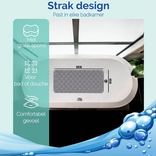 Afbeelding van HSXL - Antislipmat - 88x40CM - Incl. Netspons - Antislip Douchemat / Badmat Grijs met Zuignappen – Mat voor