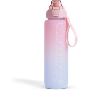 Afbeelding van Family Sport - Waterfles Roze/Blauw - 1 Liter Drinkfles - Waterfles met Rietje - Waterfles met tijdmarkering