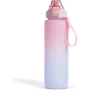 Afbeelding van Family Sport - Waterfles Roze/Blauw - 1 Liter Drinkfles - Waterfles met Rietje - Waterfles met tijdmarkering