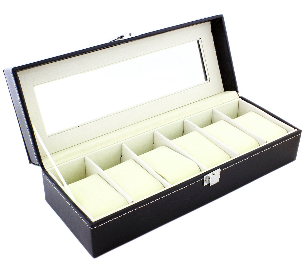Afbeelding van Luxe Horloge Doos – Opbergdoos – 6 Vakken Horlogedoos - Sieradendoos – Kist - Verwijderbare Kussens –