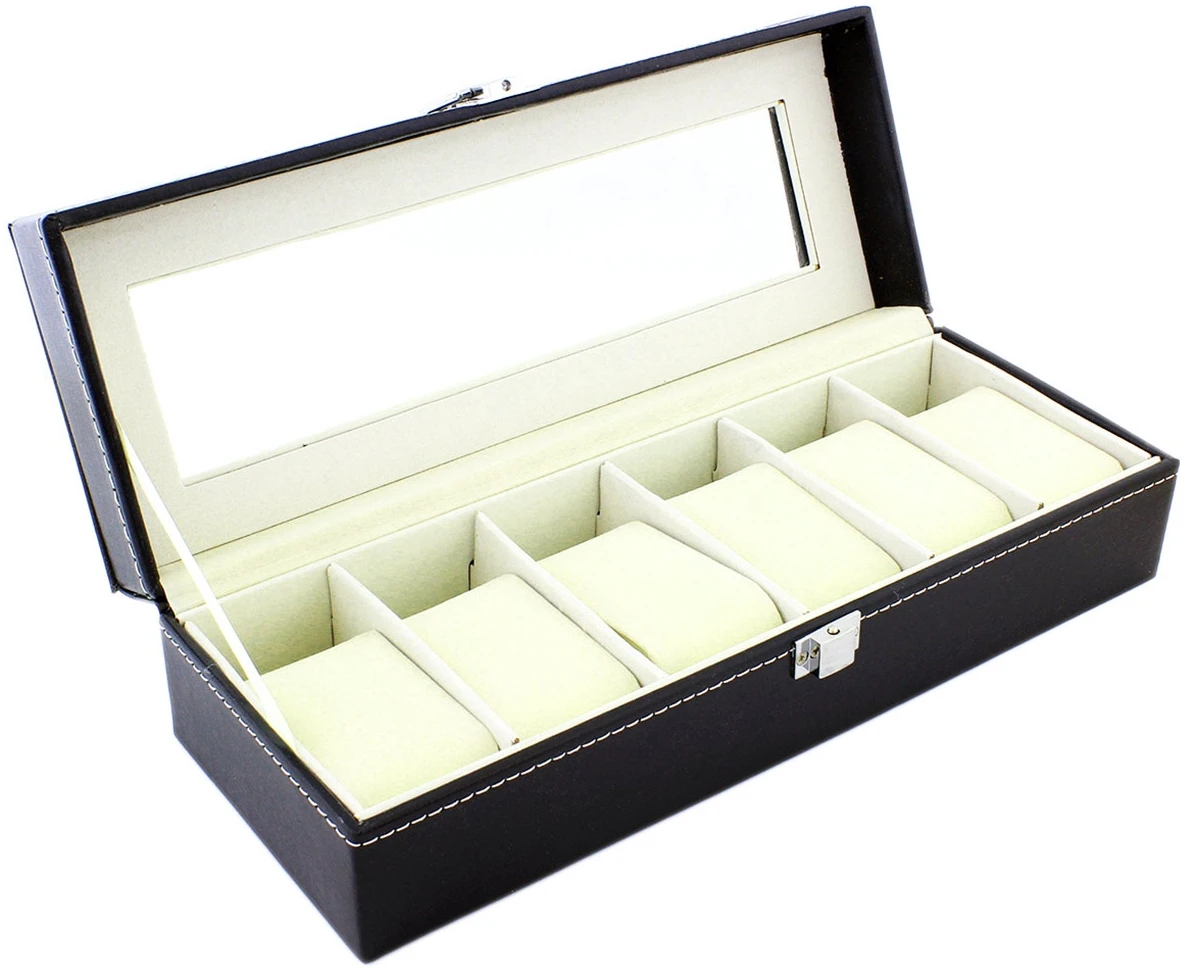 Afbeelding van Luxe Horloge Doos – Opbergdoos – 6 Vakken Horlogedoos - Sieradendoos – Kist - Verwijderbare Kussens –