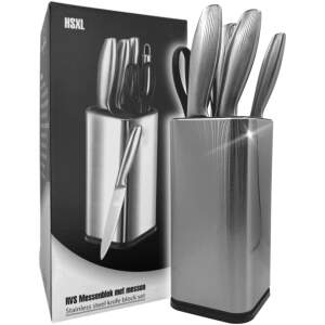 Afbeelding van Luxe Messenset met Messenblok Houder RVS - Keukenmessen - Zwart met Zilver - 7-delig Messenblok -