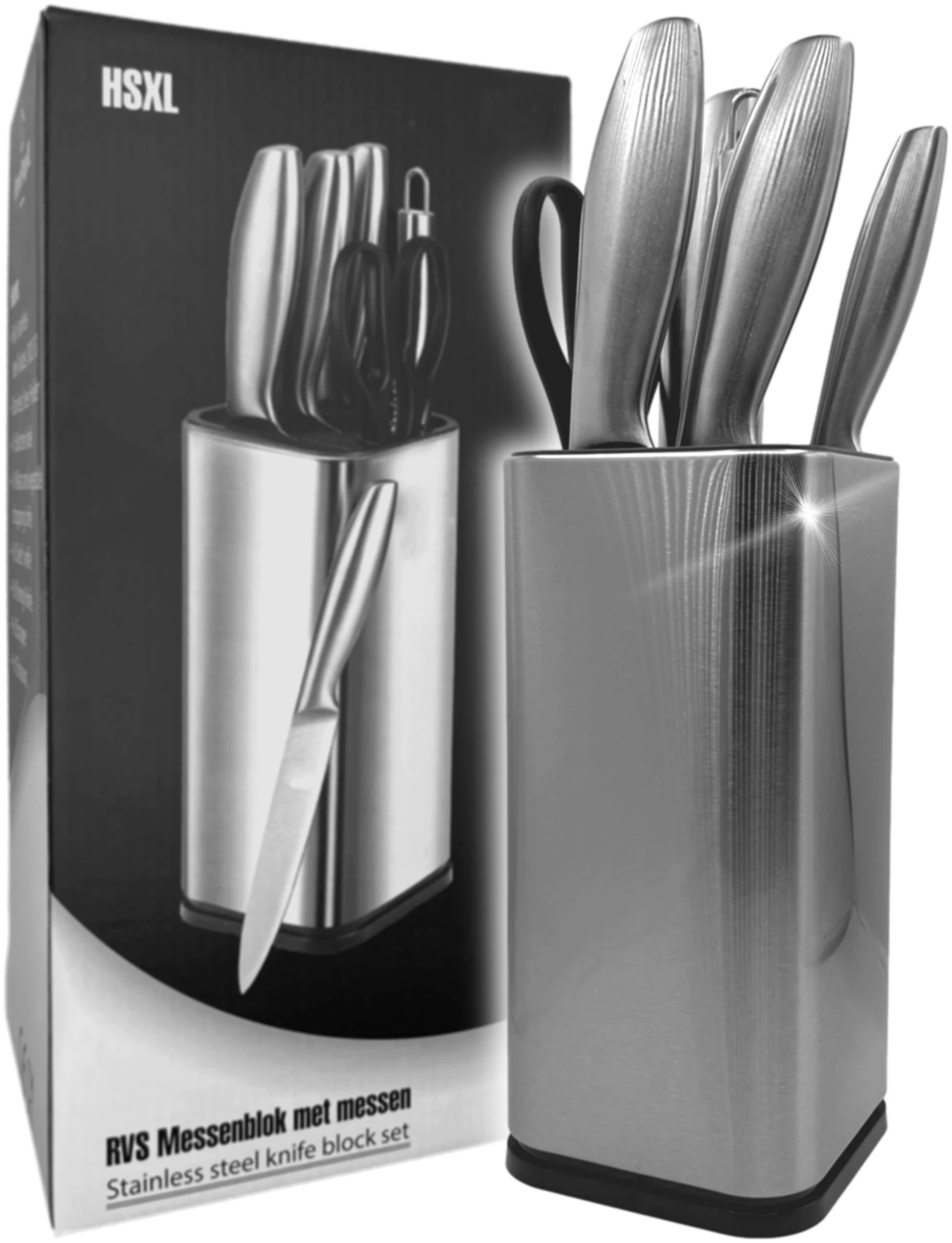 Afbeelding van Luxe Messenset met Messenblok Houder RVS - Keukenmessen - Zwart met Zilver - 7-delig Messenblok -