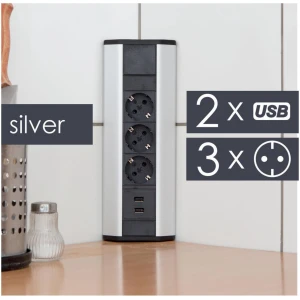 Afbeelding van DELIGHT - Inbouw Hoekstekkerdoos met 2X USB en 3 Stopcontacten - Hoek Stekkerdoos Zilver met Zwart - 0b38