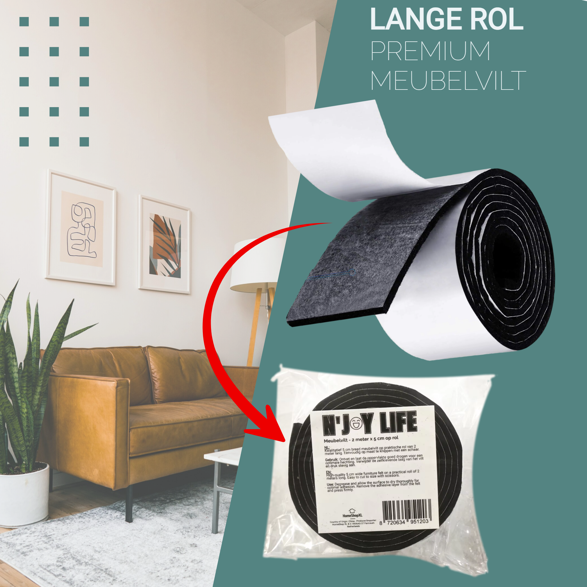 Afbeelding van 1x N'JOY LIFE Premium Vilt op Rol - Anti Kras Meubelvilt Viltjes - 2 meter x 5 cm - Zelfklevende