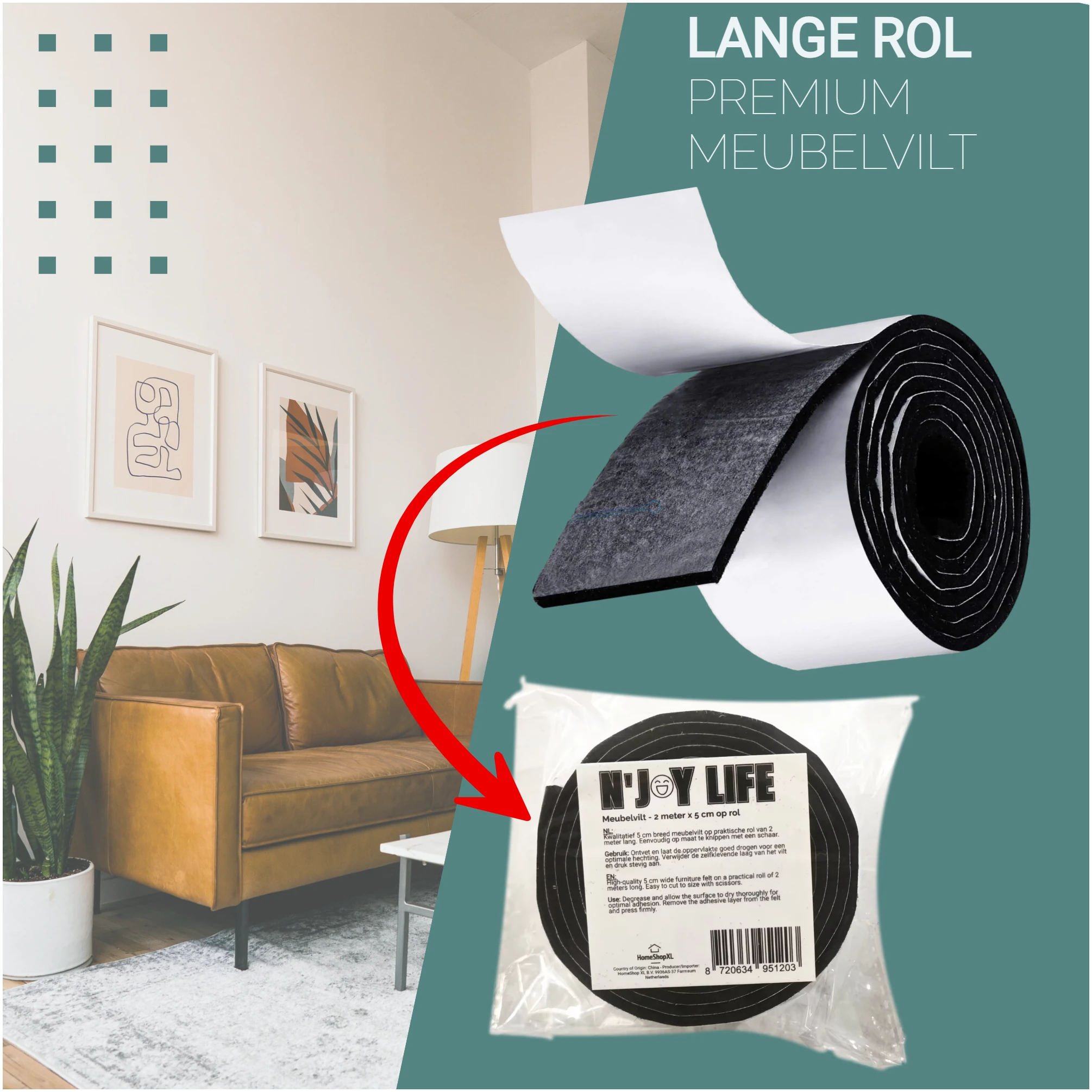 Afbeelding van 1x N'JOY LIFE Premium Vilt op Rol - Anti Kras Meubelvilt Viltjes - 2 meter x 5 cm - Zelfklevende