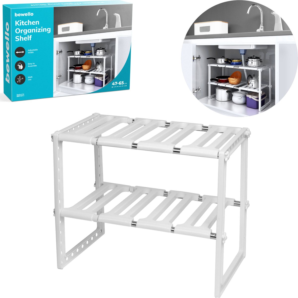 Afbeelding van Bewello® - Pannenrek Keukenkast Organizer - 47-65cm breed - Kunststof Opbergrek Keukenkast - 0d60 bd26 48e2