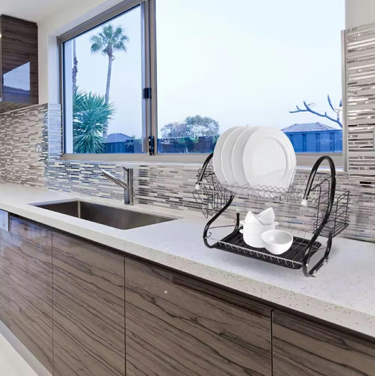 Afbeelding van Afdruiprek met Lekbak - Afwasrek met afvoer - Druiprek - Droogrek Vaat - Keuken - Zwart - 0e03 014a 4d4e 8d5a