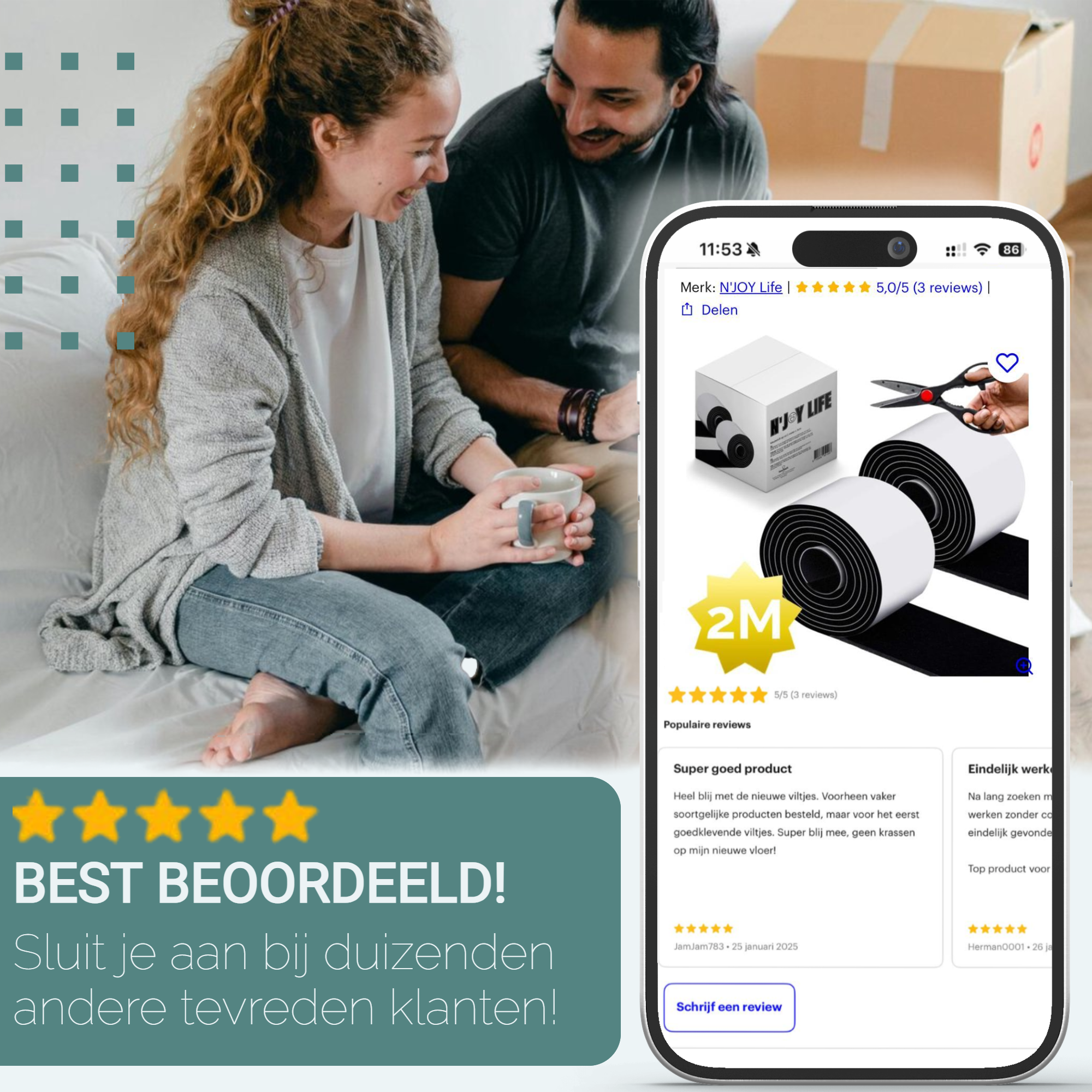 Afbeelding van 1x N'JOY LIFE Premium Vilt op Rol - Anti Kras Meubelvilt Viltjes - 2 meter x 5 cm - Zelfklevende