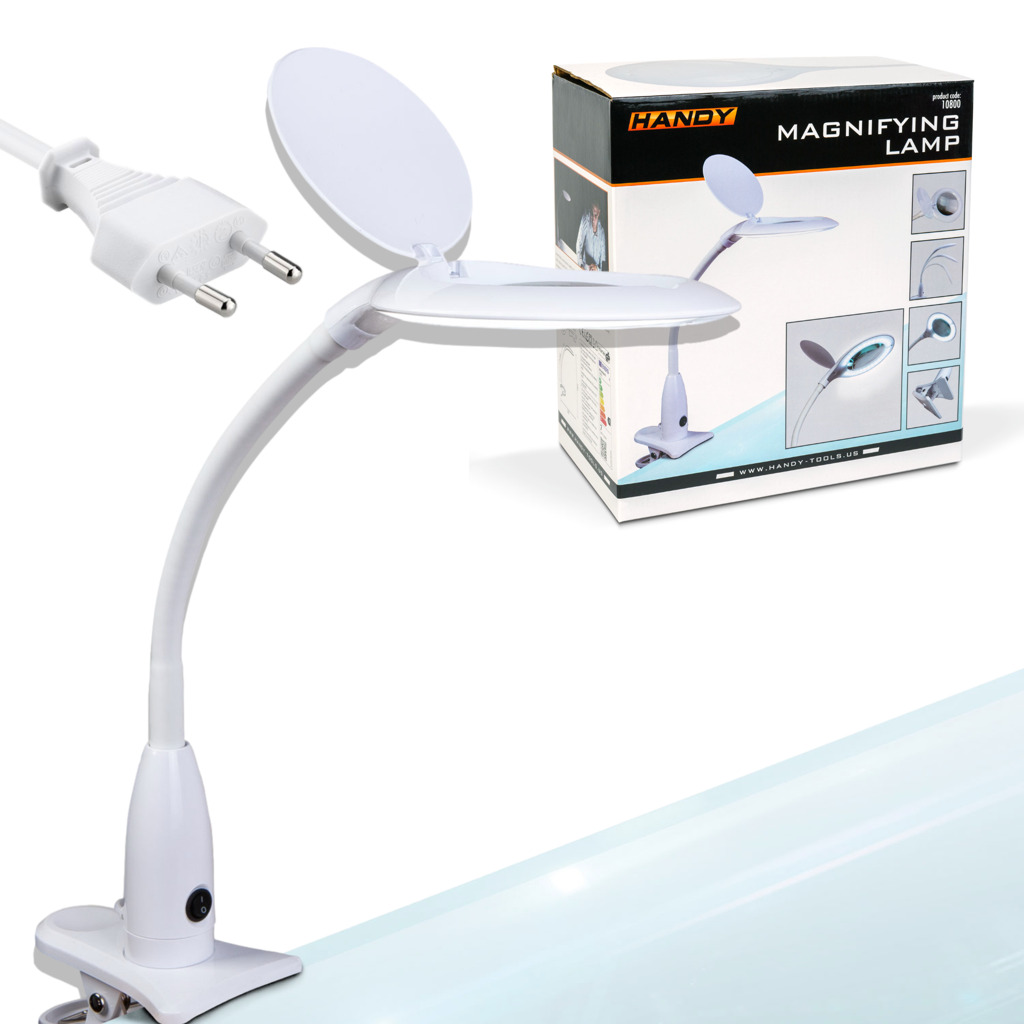 Afbeelding van Handy - Bureau Loeplamp met Tafelklem - Vergrootglas met verlichting - 12 Dioptrie (5x Zoom) Op Netstroom -