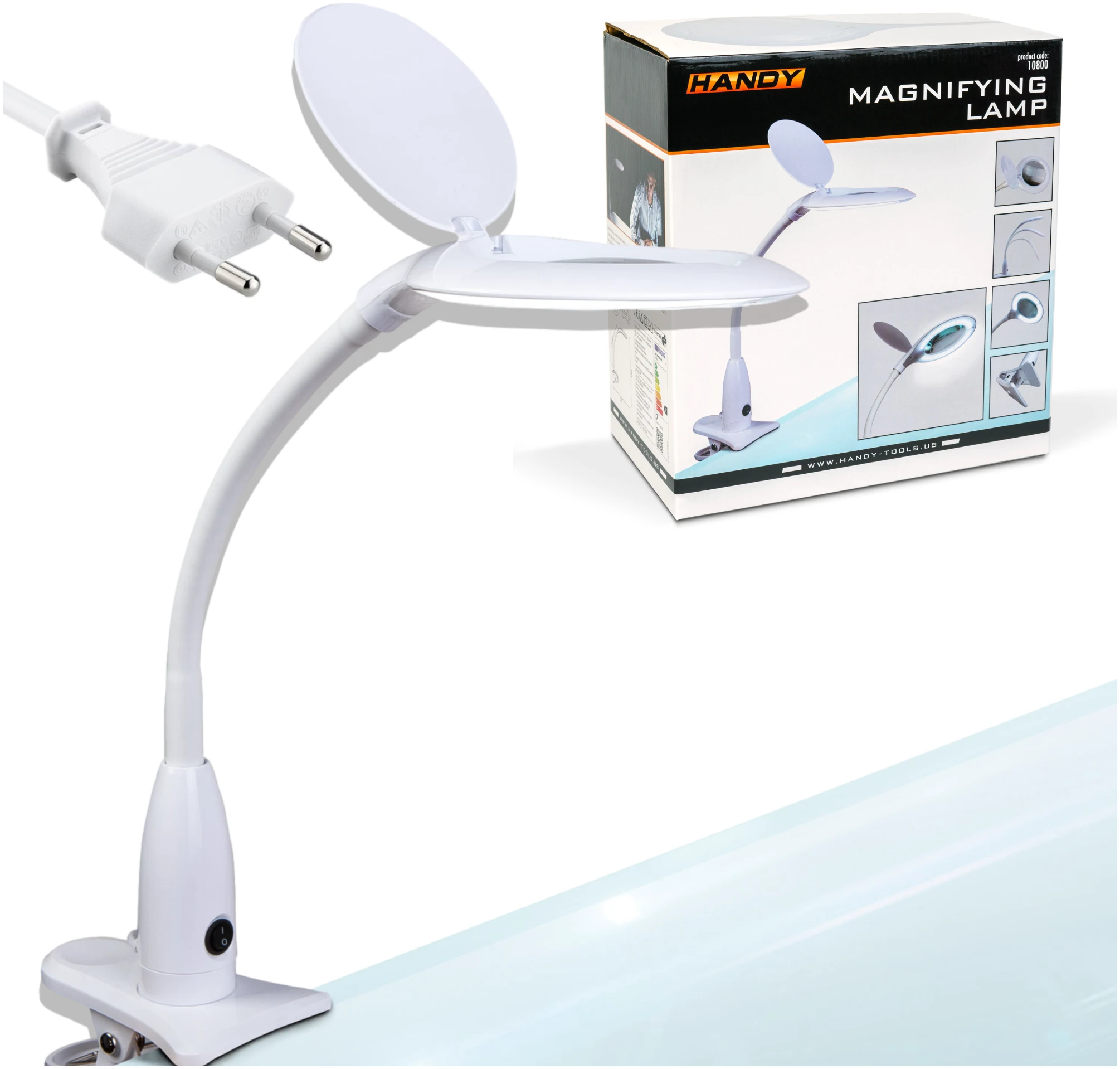 Afbeelding van Handy - Bureau Loeplamp met Tafelklem - Vergrootglas met verlichting - 12 Dioptrie (5x Zoom) Op Netstroom -