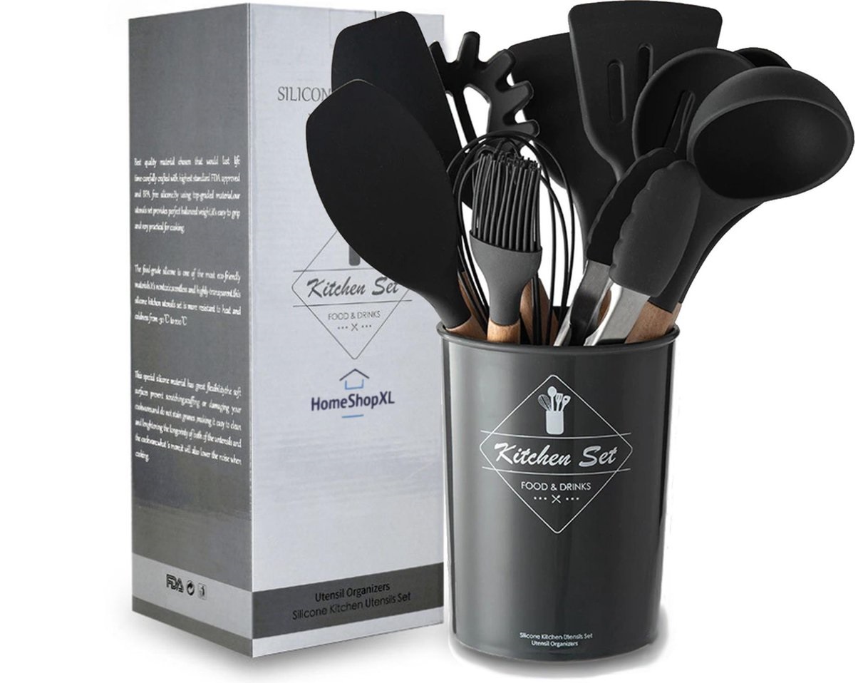 Afbeelding van Keukengerei Set met Houder 12 delig - Hittebestendig / BPA Vrij / Siliconen - Keuken Gerei - 19b3 8bf0 4018