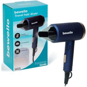 Afbeelding van Bewello - Compacte Föhn - Reis Haardroger - Blauw/Goud - Draaibare mond - Lichtgewicht - 2 Droogstanden -