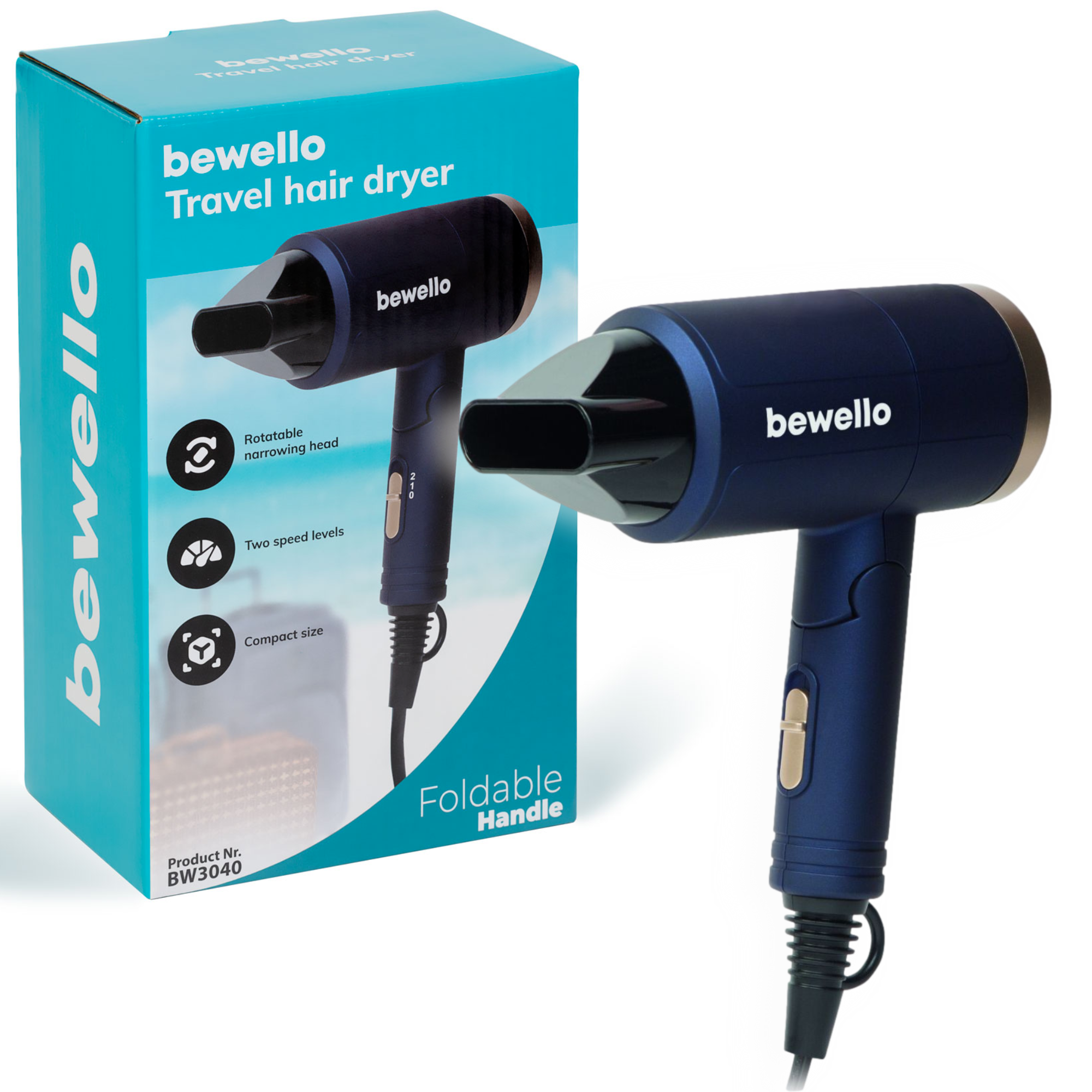 Afbeelding van Bewello - Compacte Föhn - Reis Haardroger - Blauw/Goud - Draaibare mond - Lichtgewicht - 2 Droogstanden -