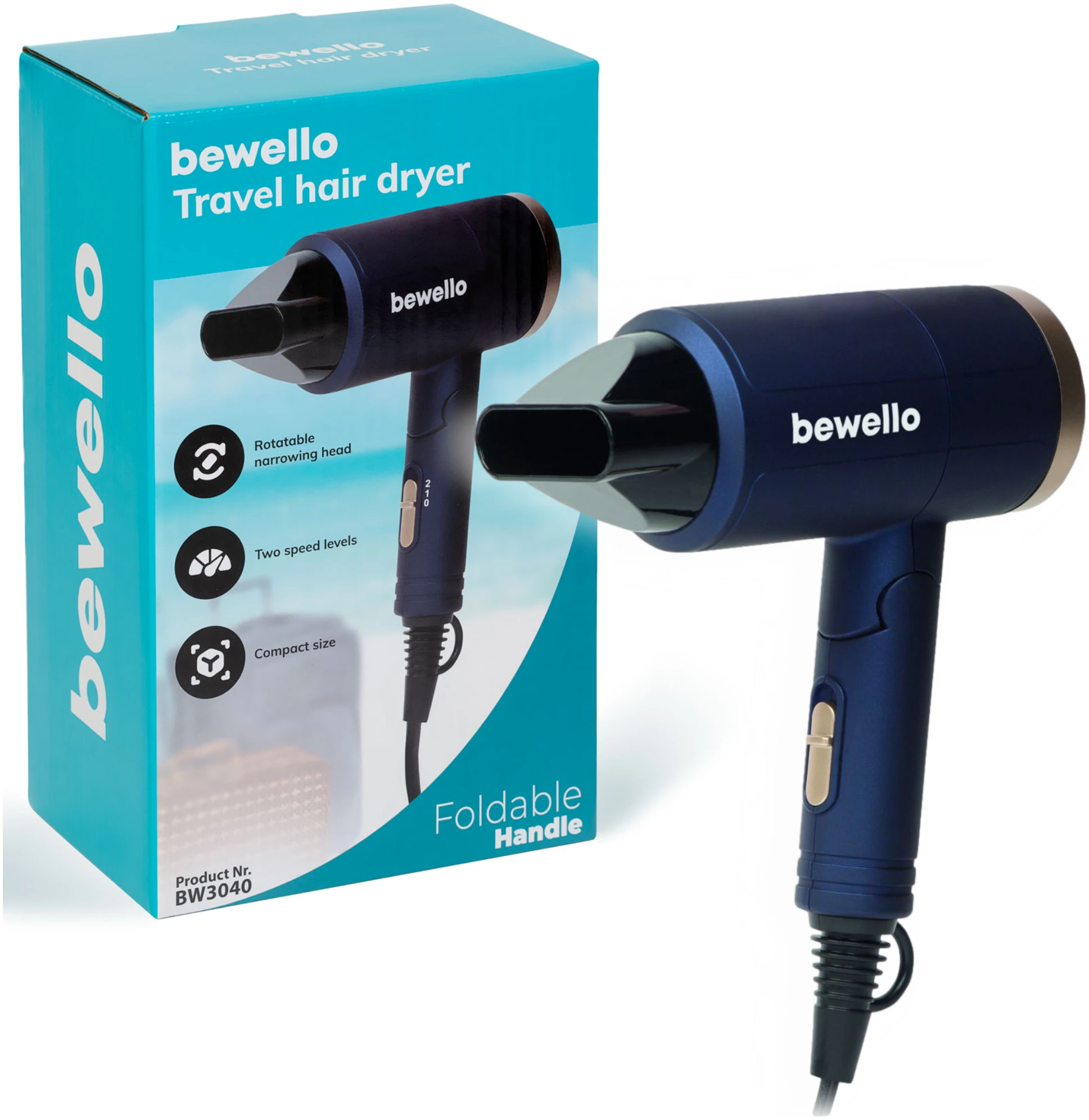 Afbeelding van Bewello - Compacte Föhn - Reis Haardroger - Blauw/Goud - Draaibare mond - Lichtgewicht - 2 Droogstanden -