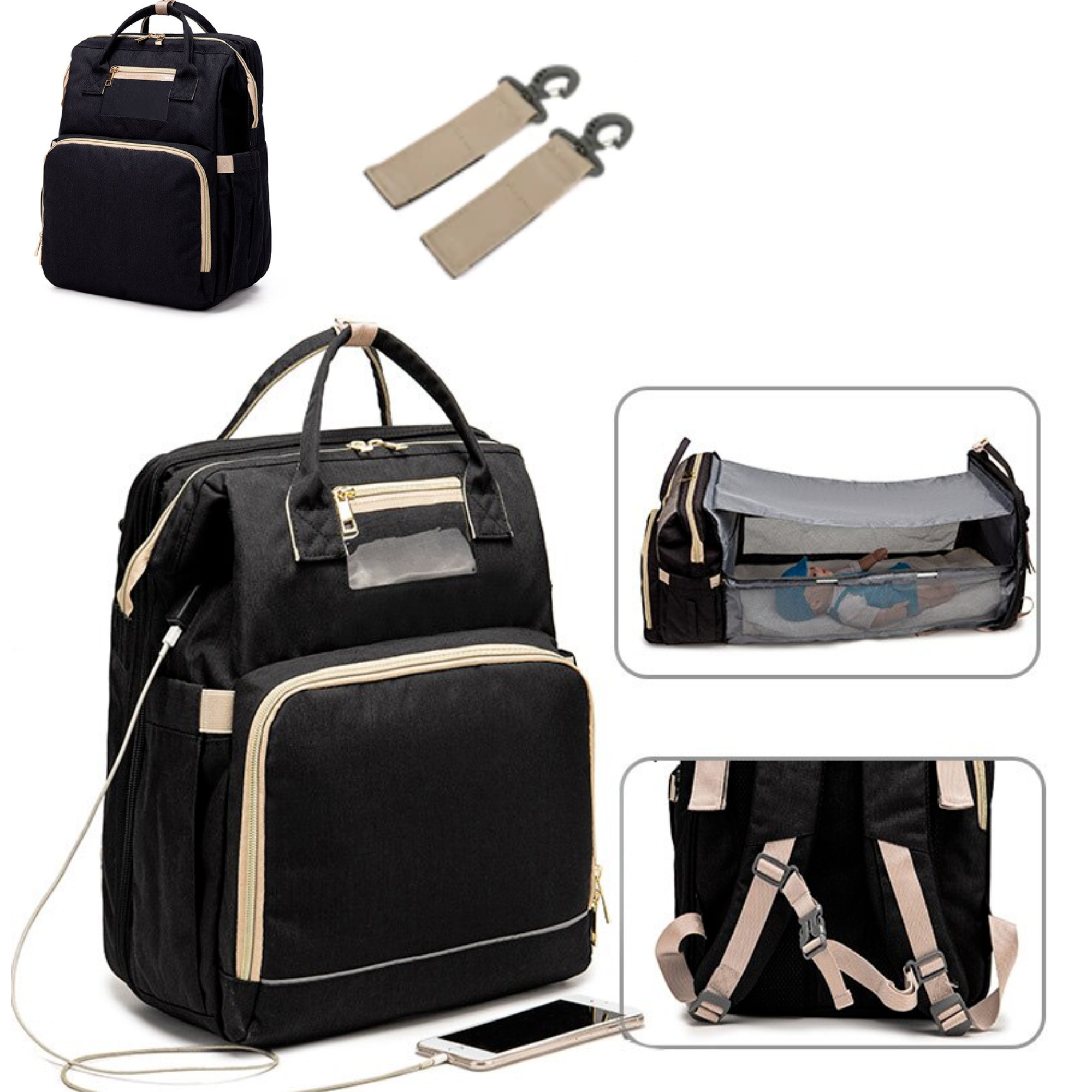 Afbeelding van Luiertas Rugzak - Luiertassen met Babybed - Grote Luiertas met Wieg - Luiertas Verzorgingstas met Babybedje -