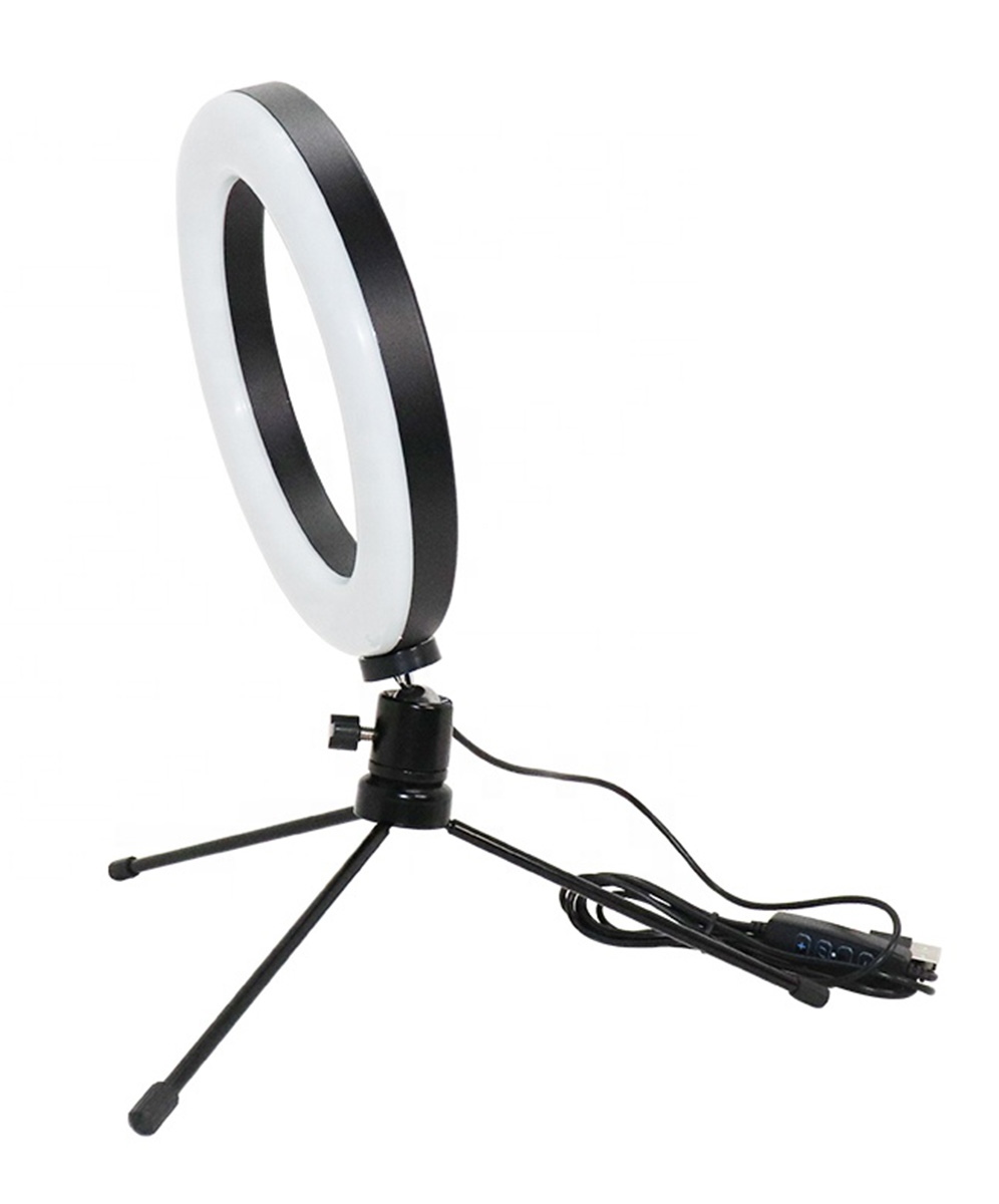 Afbeelding van Ringlamp met statief voor op Tafel of Bureau - 16cm - Zwart - 6,5W -3 kleuren licht - DImbaar - USB stekker