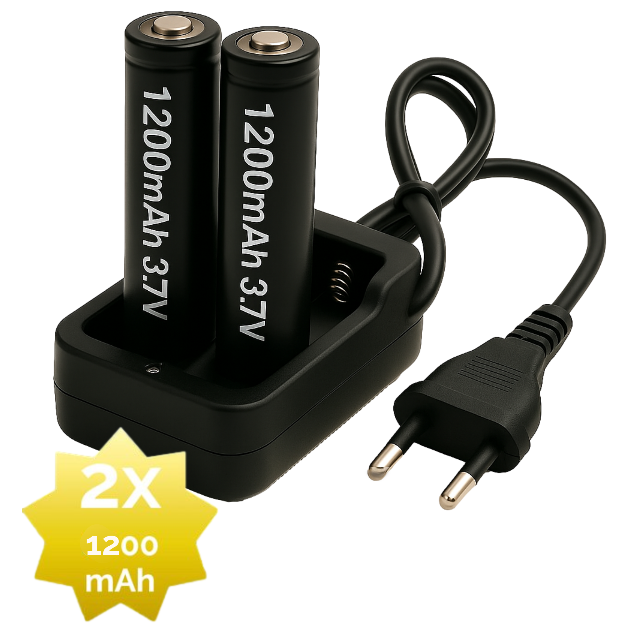 Afbeelding van 2x 1200mAh 18650 3,7V Li-Ion - 18 x 65 mm Cilindrisch - Oplaadbare CR18650 Batterijen met Netstroom Oplader -