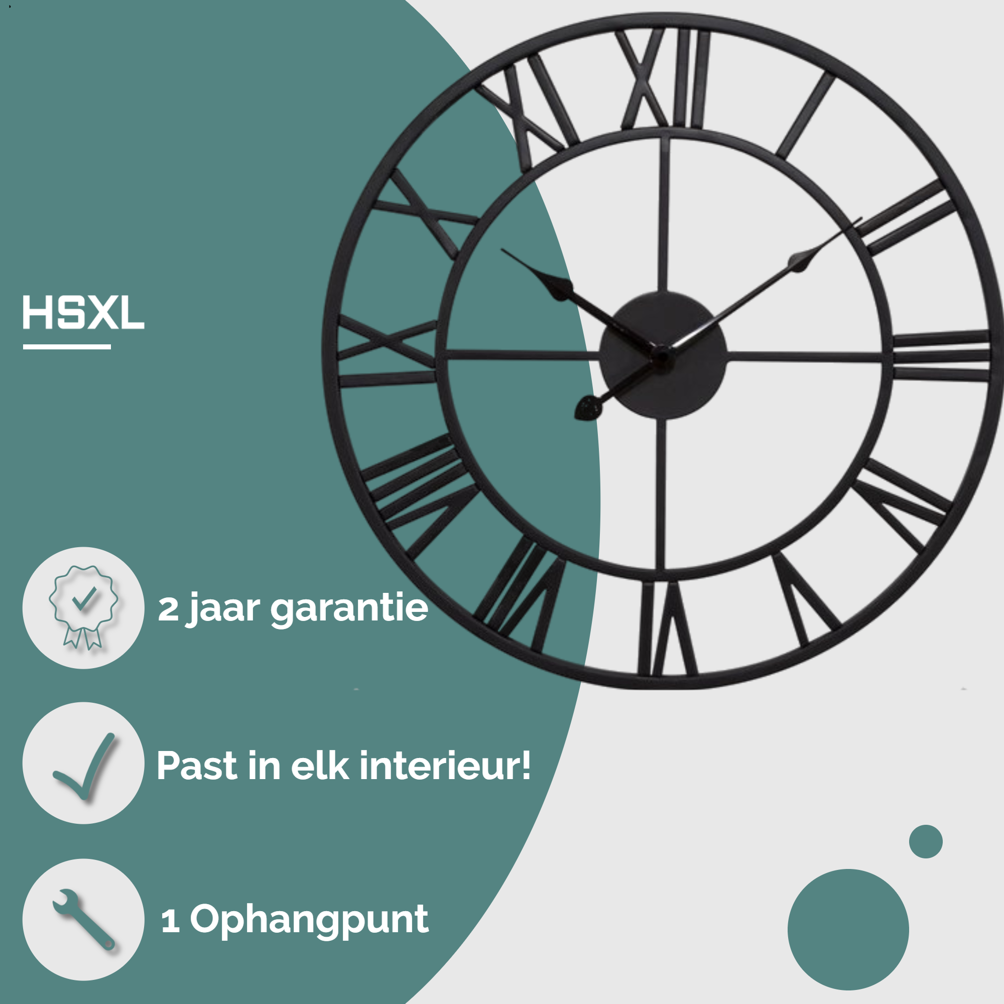 Afbeelding van HSXL - 40cm Kleine Stille Wandklok Landelijk en Industrieel uit Zwart Metaal - Klein - 40 cm - Metalen