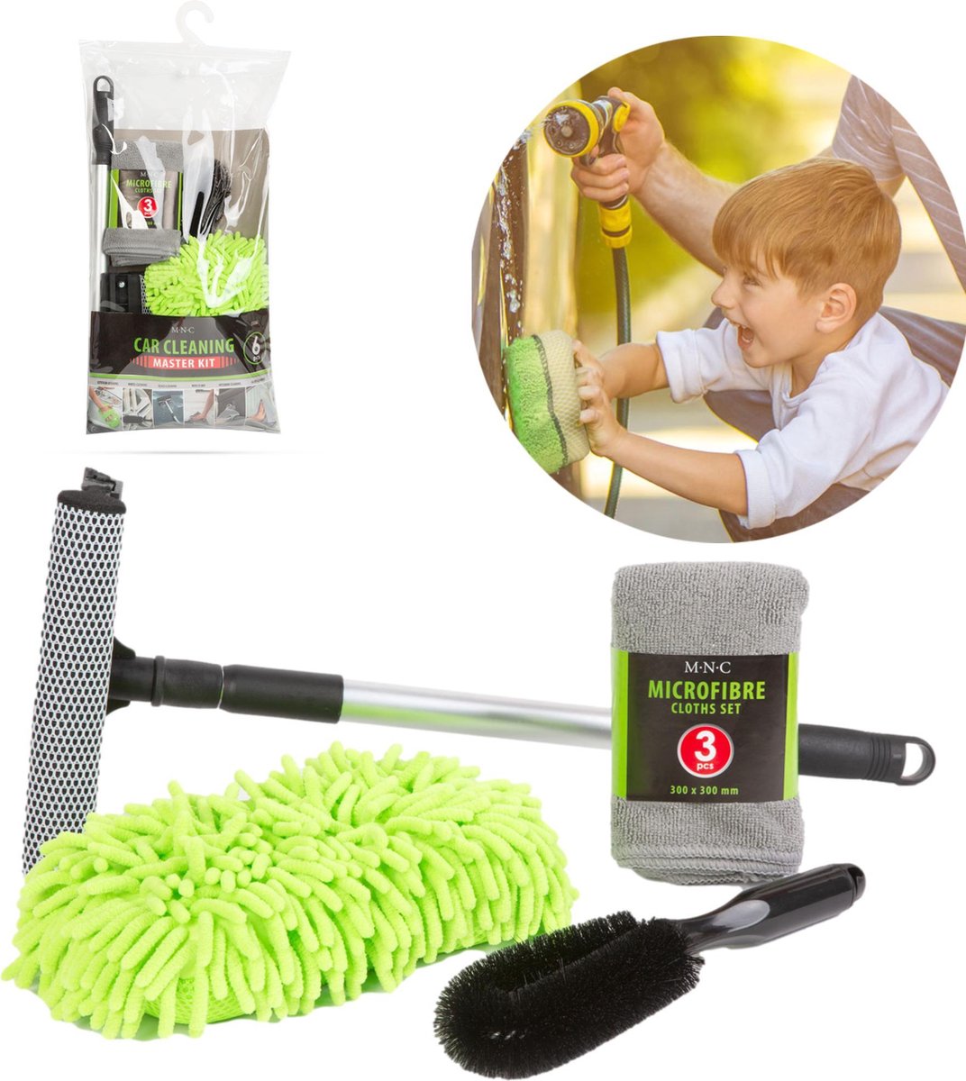Afbeelding van MNC - Complete Autowas Set Microvezel - 6 delige set - Autowasset Autopoetsdoeken - Raamwisser / Spons /