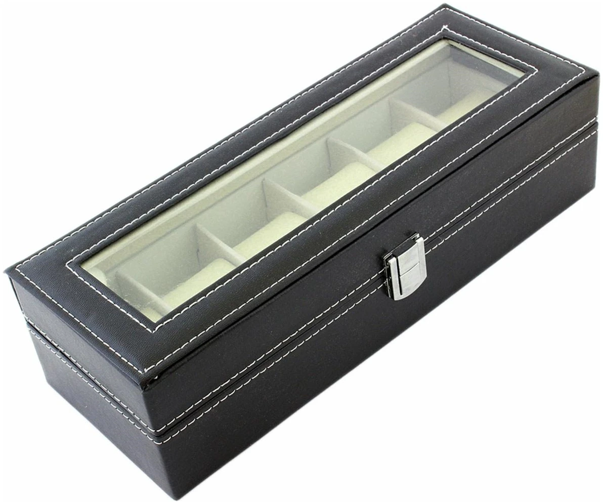 Afbeelding van Luxe Horloge Doos – Opbergdoos – 6 Vakken Horlogedoos - Sieradendoos – Kist - Verwijderbare Kussens –