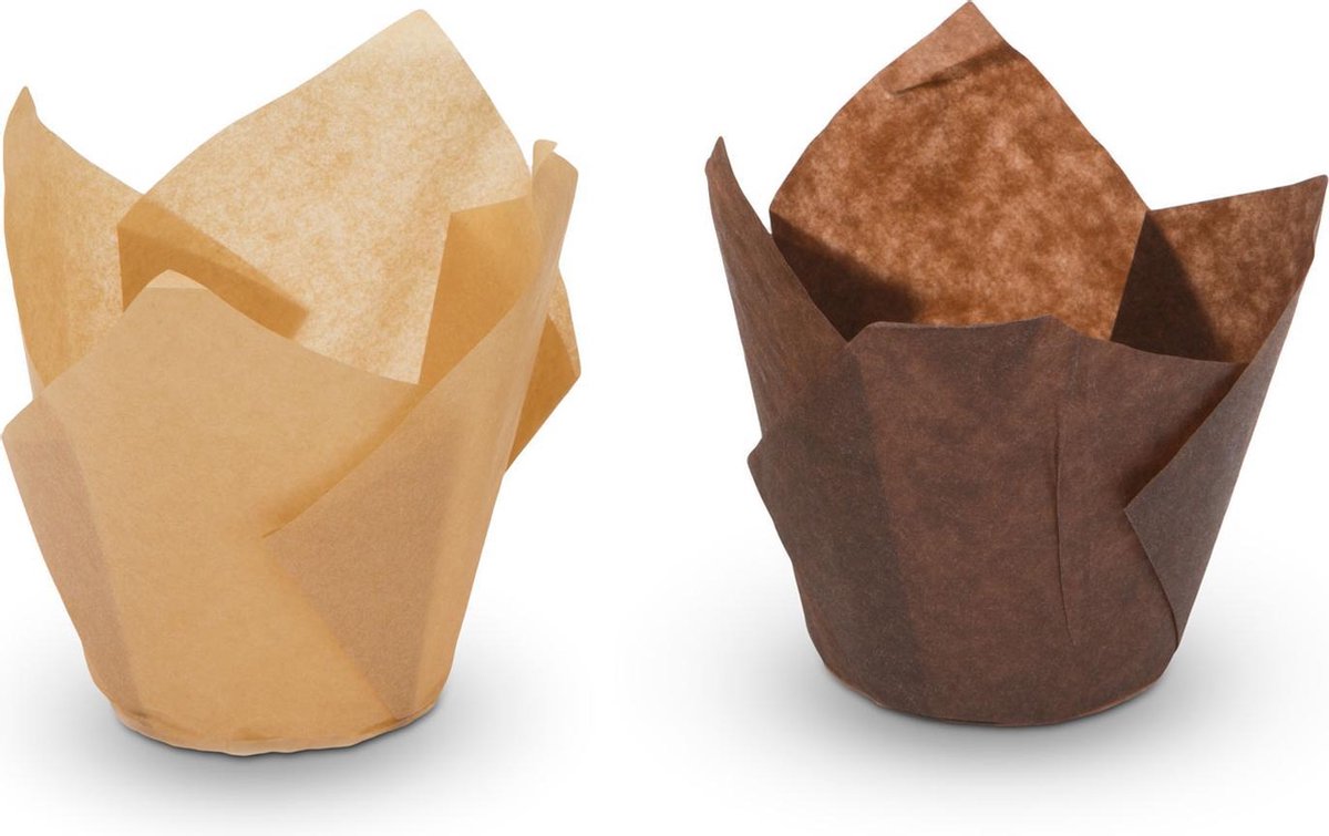 Afbeelding van 100x Muffin Tulp Vormpjes Papier - Cupcake Tulpen - 100 Stuks - Licht en Donkerbruin - Muffin Papiertjes