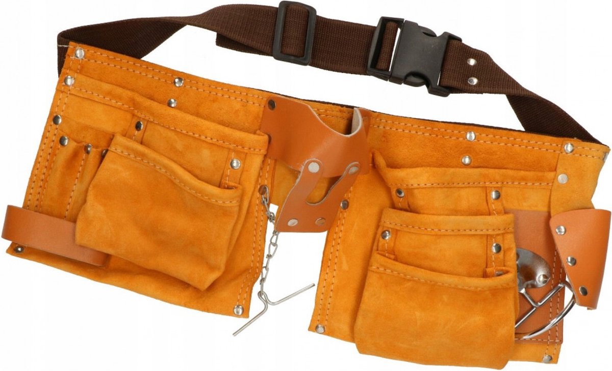 Afbeelding van Gereedschapsriem Leer - 11 vaks - Gereedschapsgordel - ToolPack - Gereedschapsschort - Spijkerschort Dubbel -