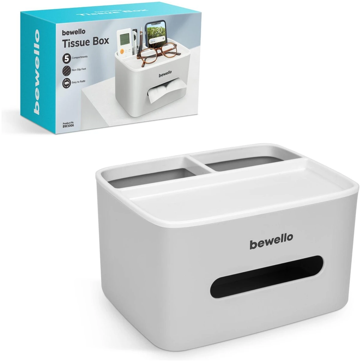 Afbeelding van Bewello® - Tissuebox / Tissuehouder - Tissuedoos met Organizer - 205 x 160 x 120 mm - 26b3 2fae 4dcc a111